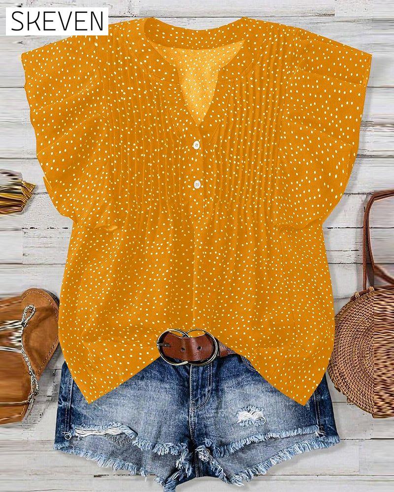Bluse mit Rüschenärmeln, V-Ausschnitt und Polka-Dots