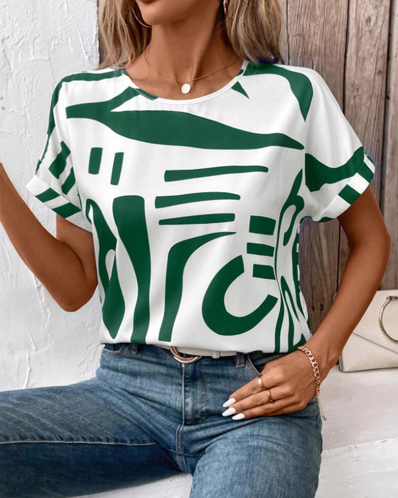 Round Neck Short Sleeve Geometric Print T-Shirt