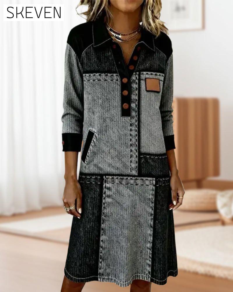 Modisches Kleid mit Knopfleiste, V-Ausschnitt und Farbblock-Design