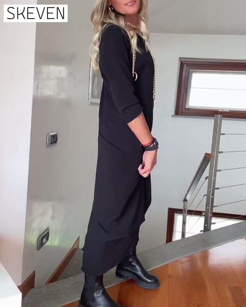 Round neck pleated solid color elegant dress