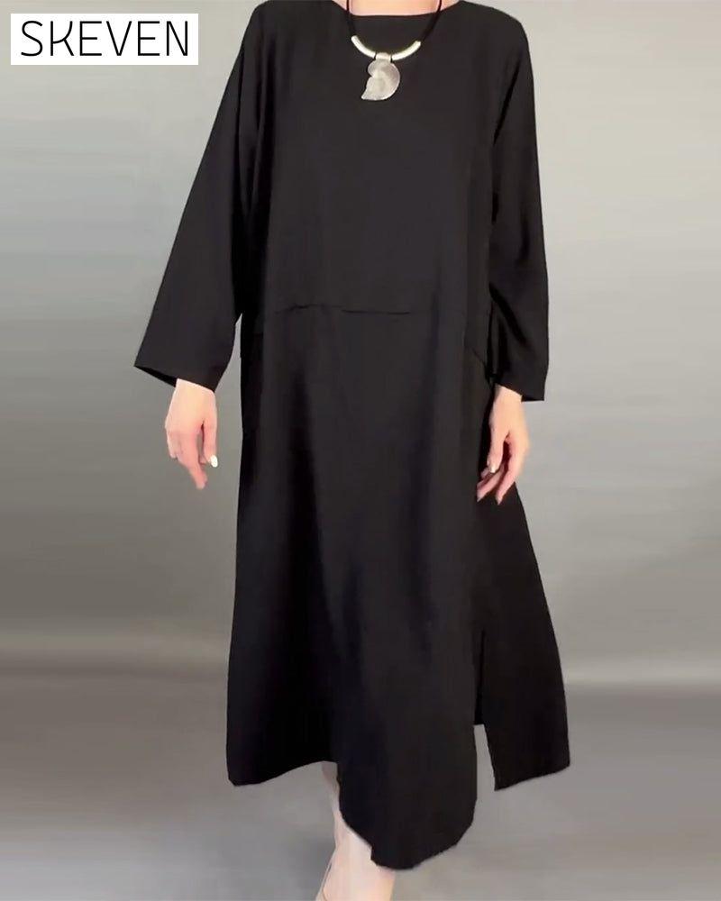 Plus Size Loose Button Solid Color Dress