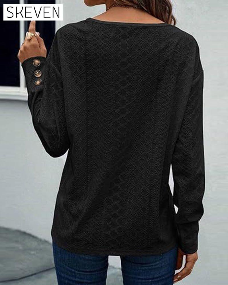 Casual V-Neck Hollow Solid Color Blouse