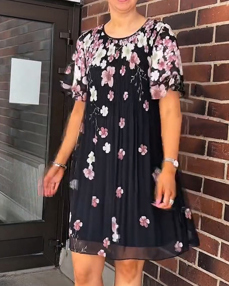 Ruffle Short Sleeve Floral Pleated Dress