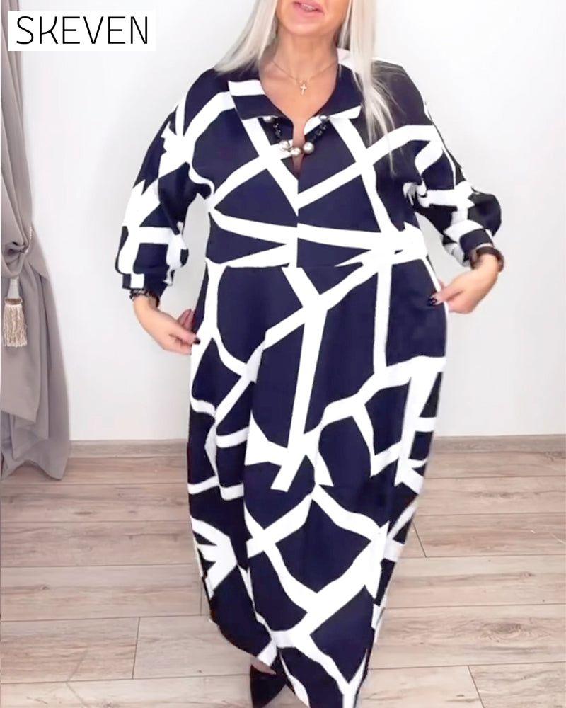 Lapel Loose Geometric Print Dress