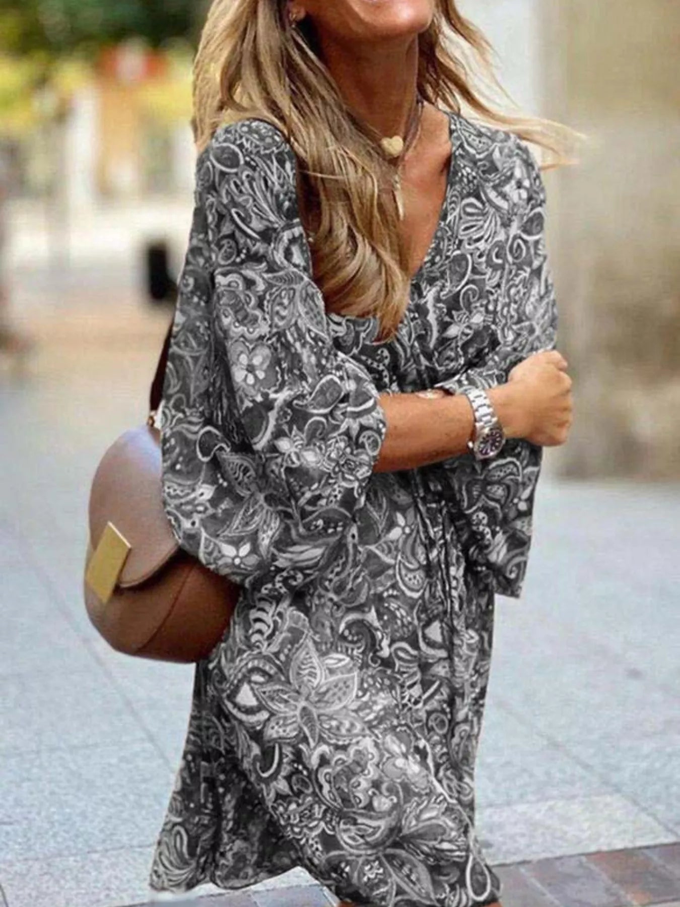 Full Size Paisley Print Long Sleeve Mini Dress Plus Size