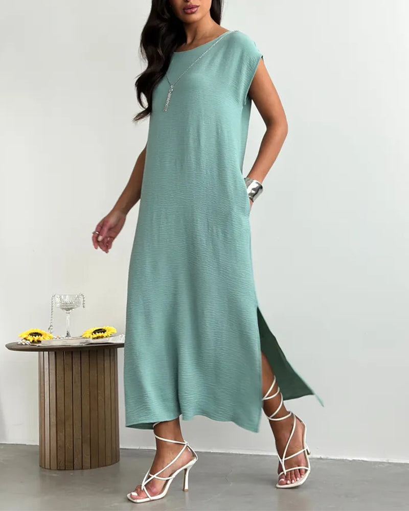 Midi Length Slit Loose Dress