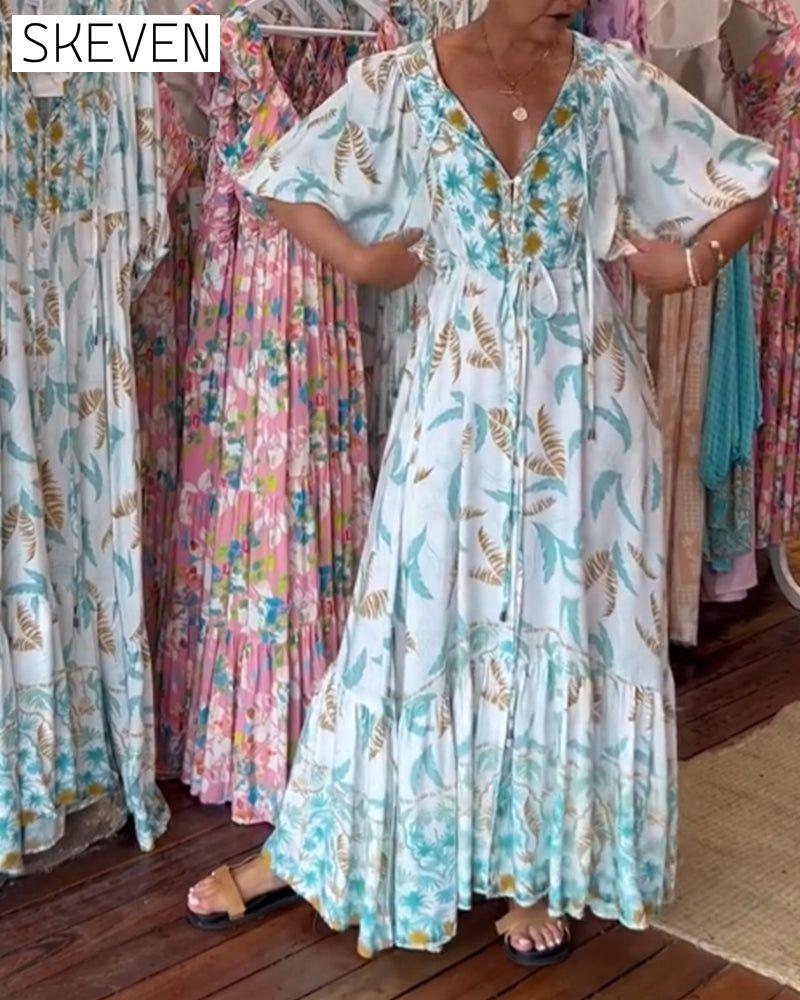 Maxikleid mit V-Ausschnitt und Blätterprint für Damen