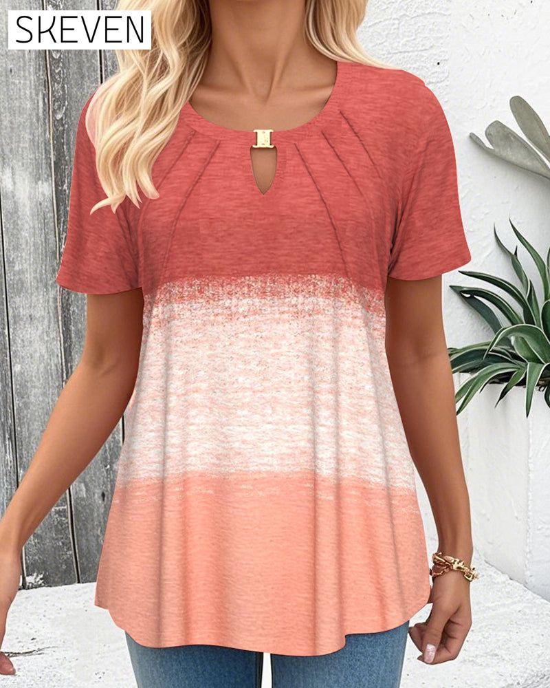 Round Neck Contrast Short Sleeve Blouse