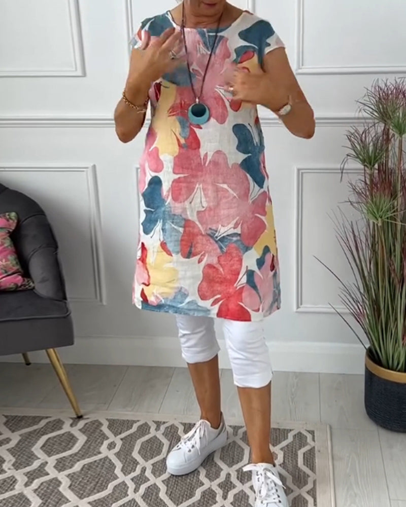 Colorful floral print casual long top