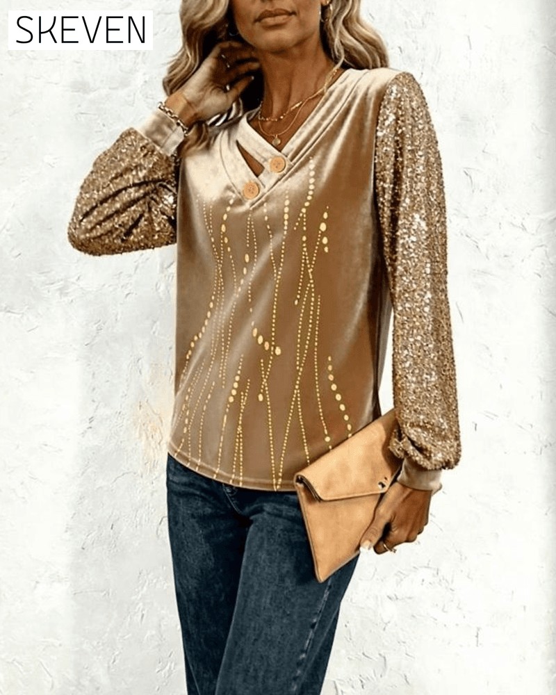 V-Neck Sequined Velvet Patchwork Top