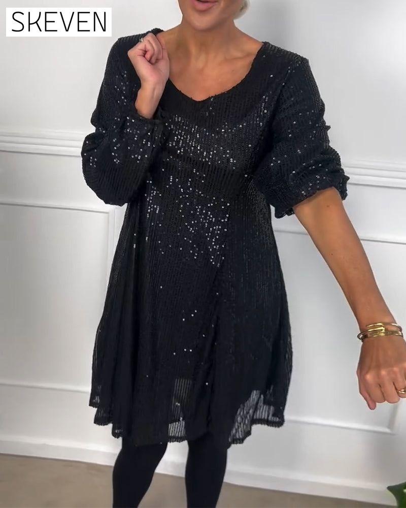 Elegantes, paillettenbesetztes A-Linien-Kleid mit Laternenärmeln