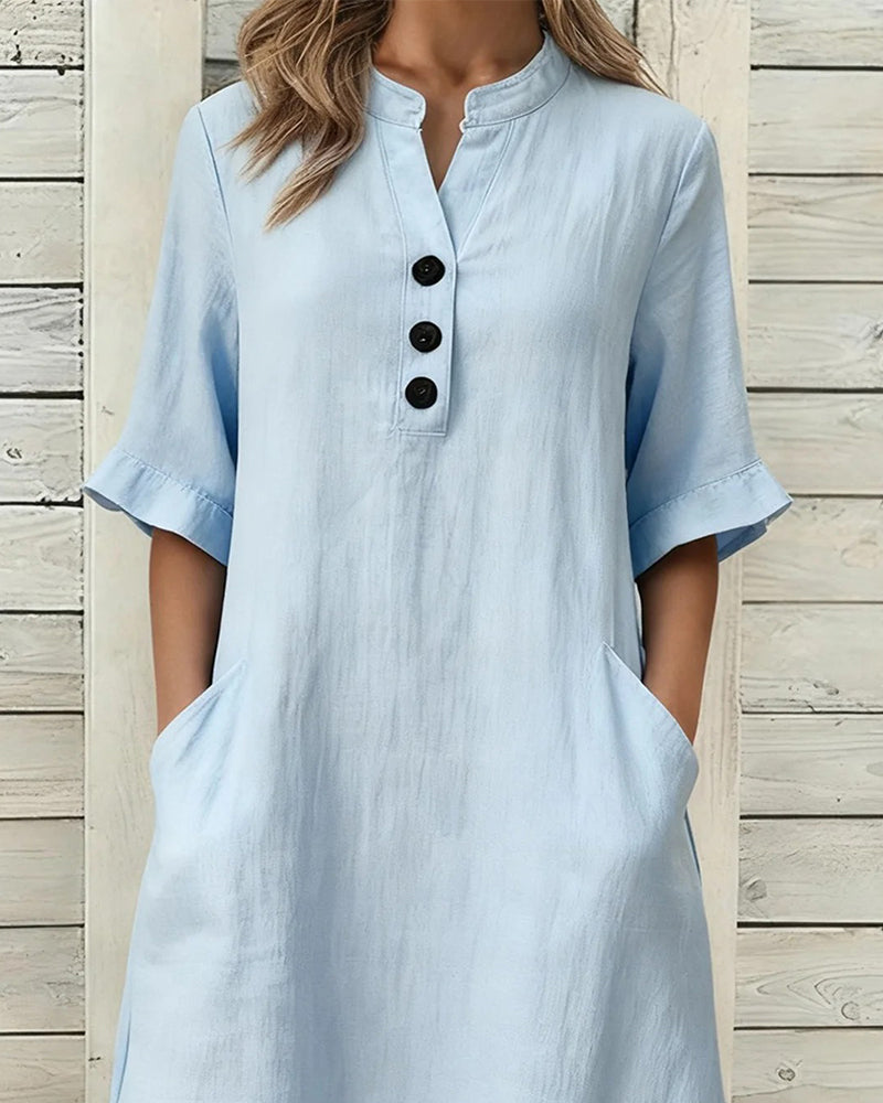 Linen Stand Collar Mid Sleeve Dress