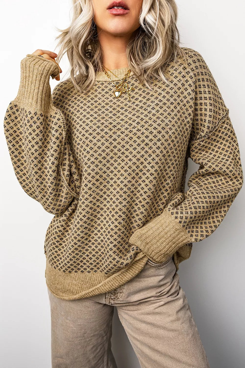 Geometric Print Drop Shoulder Round Neck Long Sleeve Sweater