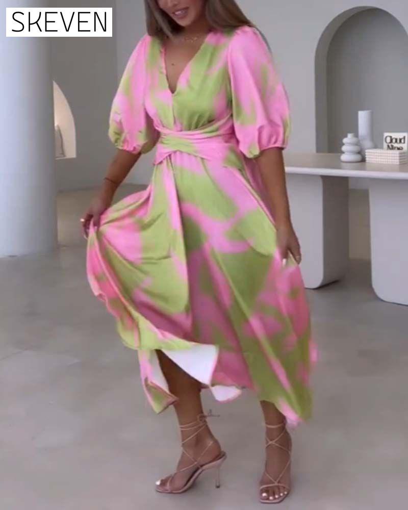 Deep V half-sleeve printed elegant dress casual dresses party dresses spring summer