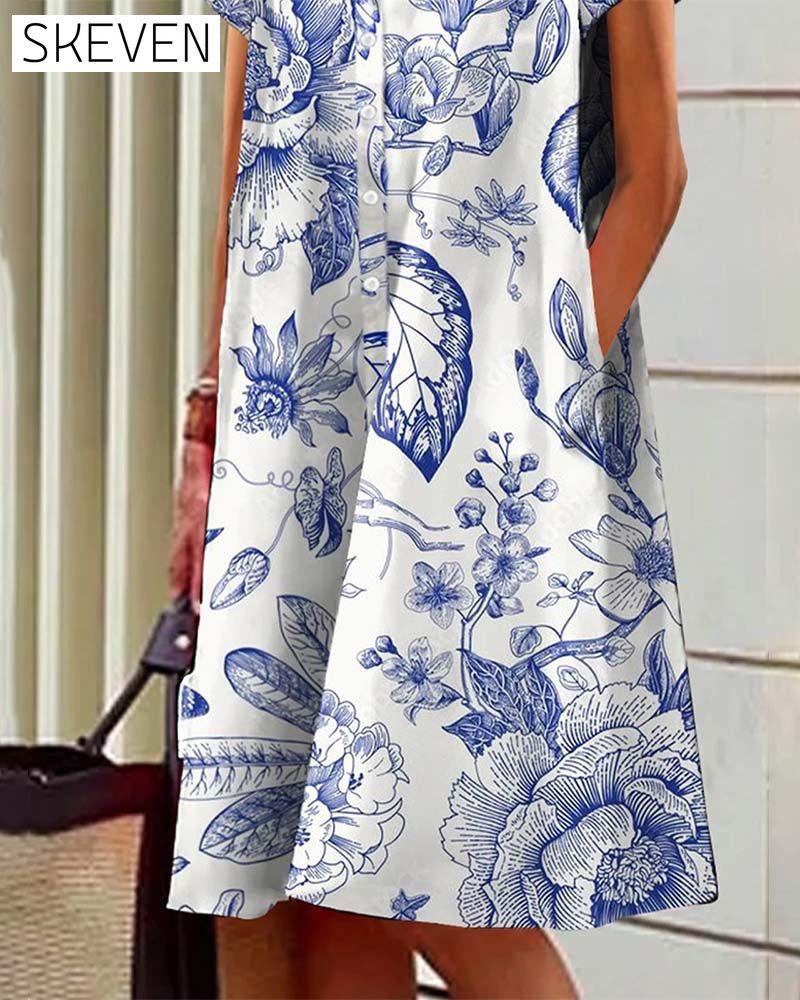 Casual elegant printed dress with lapel pockets