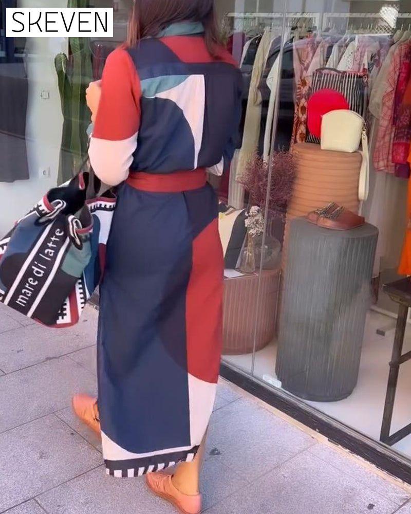 robe décontractée à revers lacé et imprimé color block