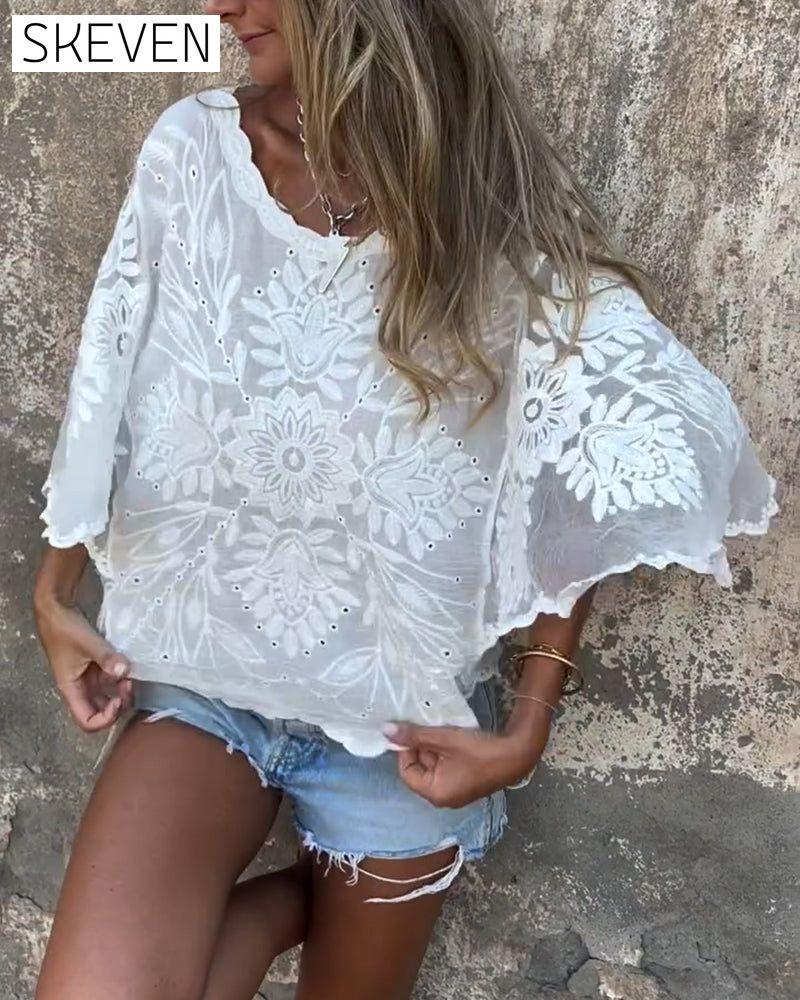 Butterfly Sleeve Round Neck Embroidered Blouse