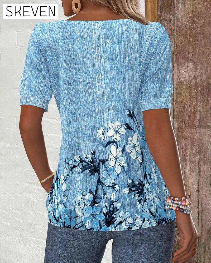 Slant Collar Printed Button-Down Blouse