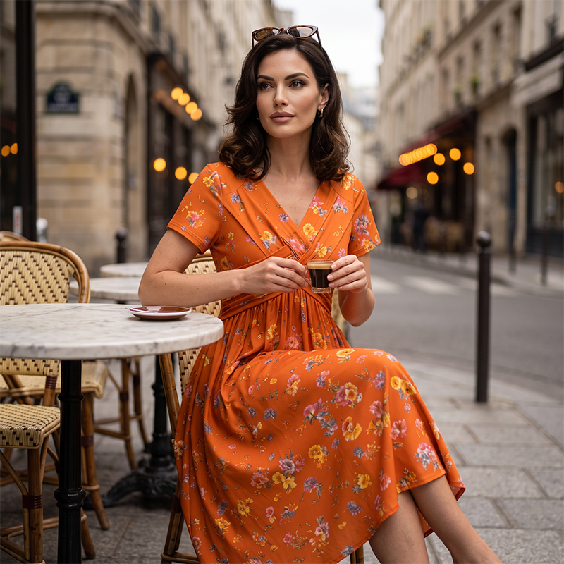 👗Women's V-Neck Floral Print Dress with Twist Waist