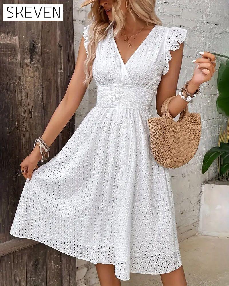 Solid color deep V waist dress