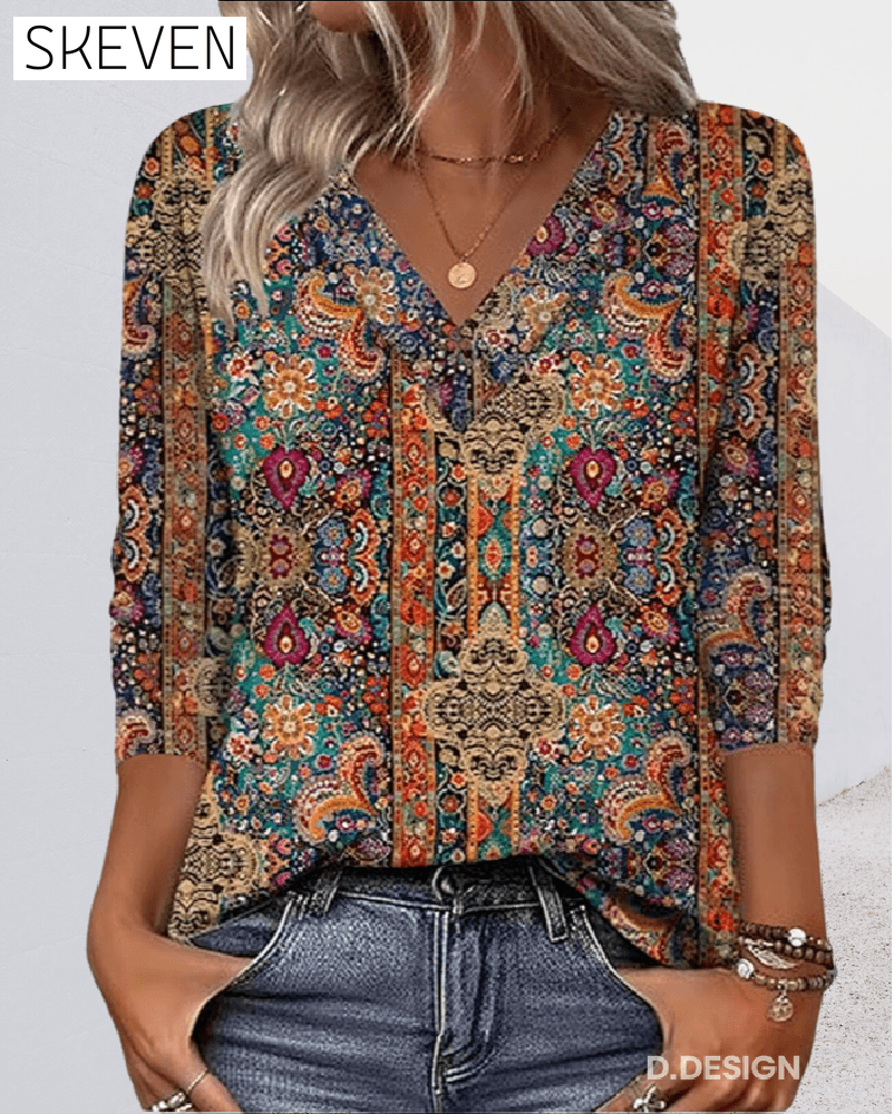 Retro-Bluse mit Print und V-Ausschnitt