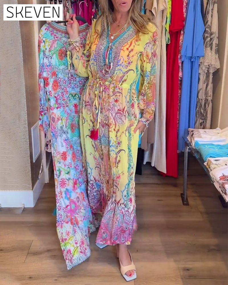Long sleeve printed resort dress