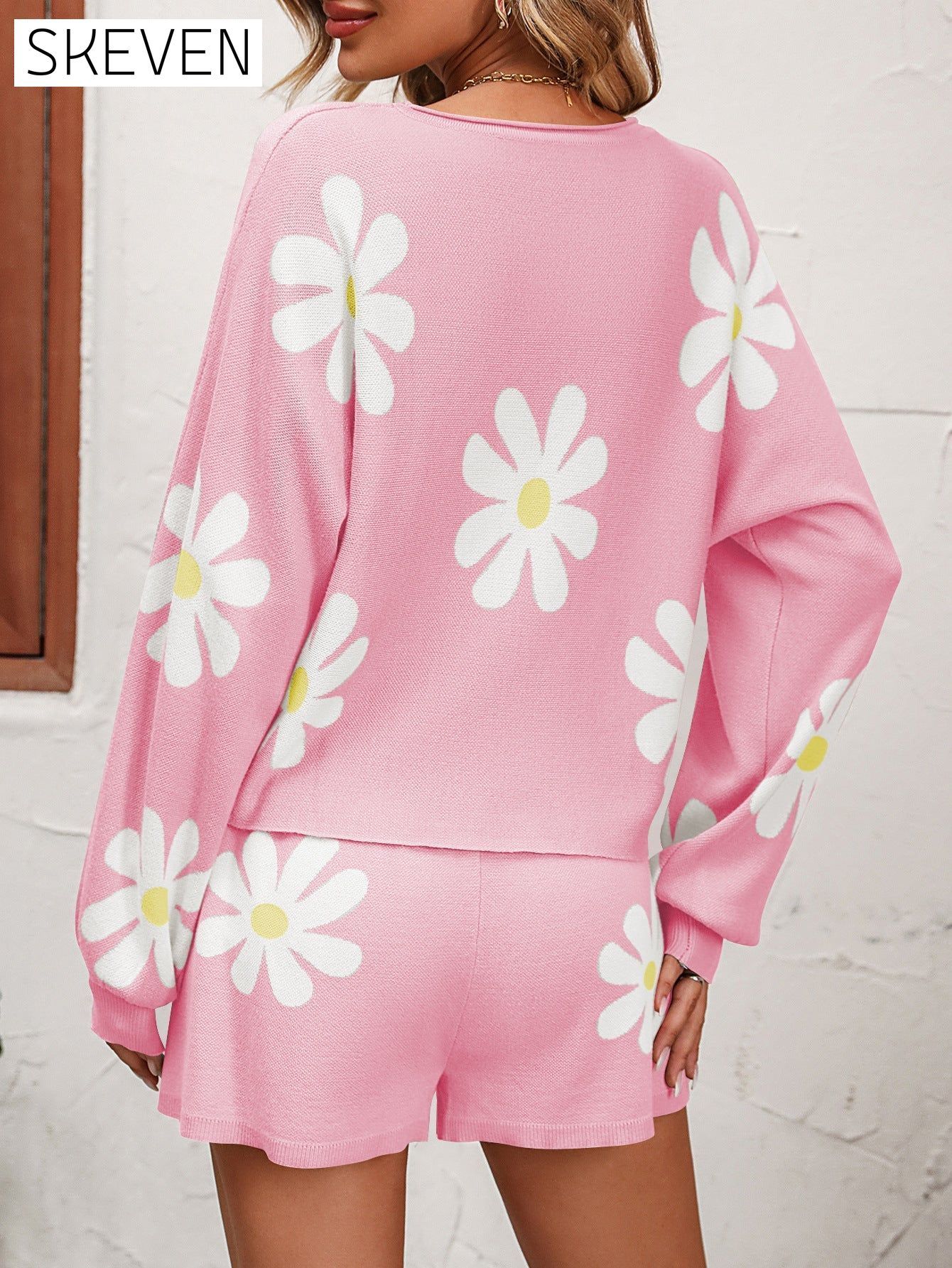 Floral Print Raglan Sleeve Knit Top and Tie Front Sweater Shorts Set clothes lounge lounge wear loungewear Mandy sets Ship From Overseas trend
