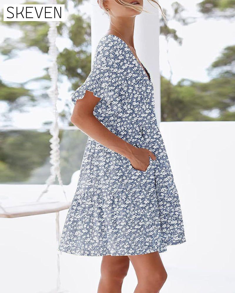 Kleid mit Rüschenärmeln, V-Ausschnitt und Blumenmuster