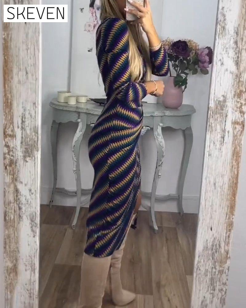 Sexy Dress with Striped and High Neck
