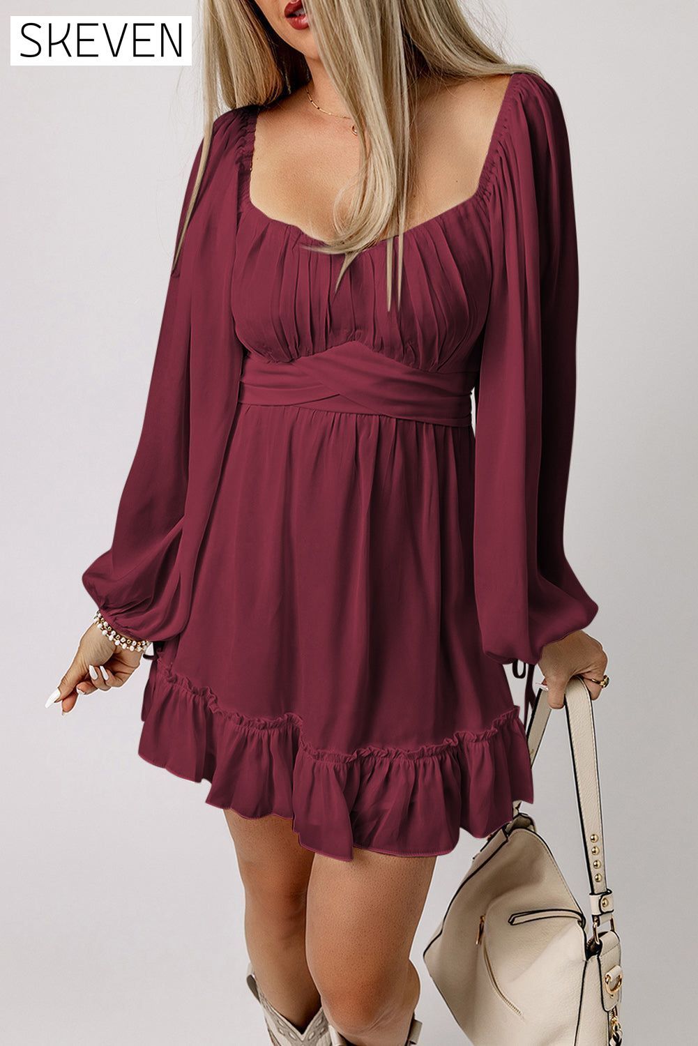 Fiery Red Plain Ruffled High Waist Square Neck Mini Dress casual dresses clothes dress dresses long sleeve dress long sleeve dresses long sleve dresses short dresses