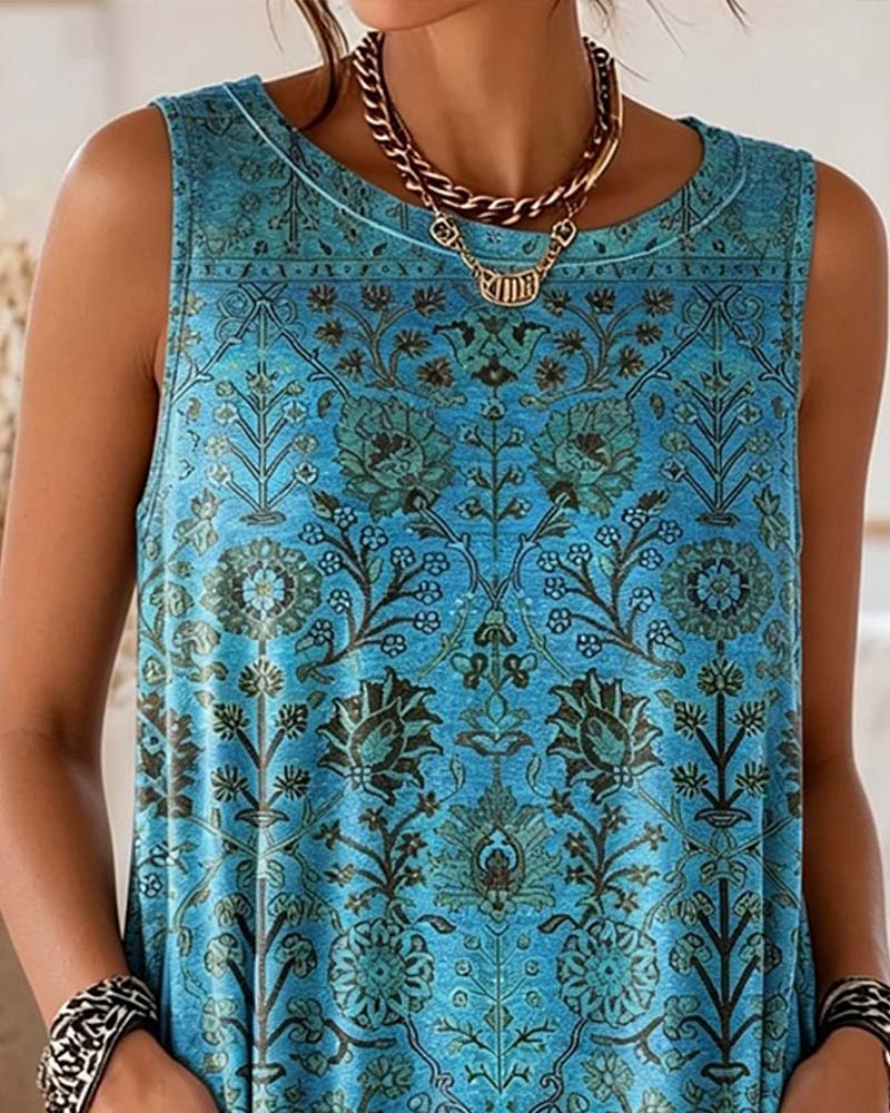 Crew Neck Print Side Pocket Tank Top