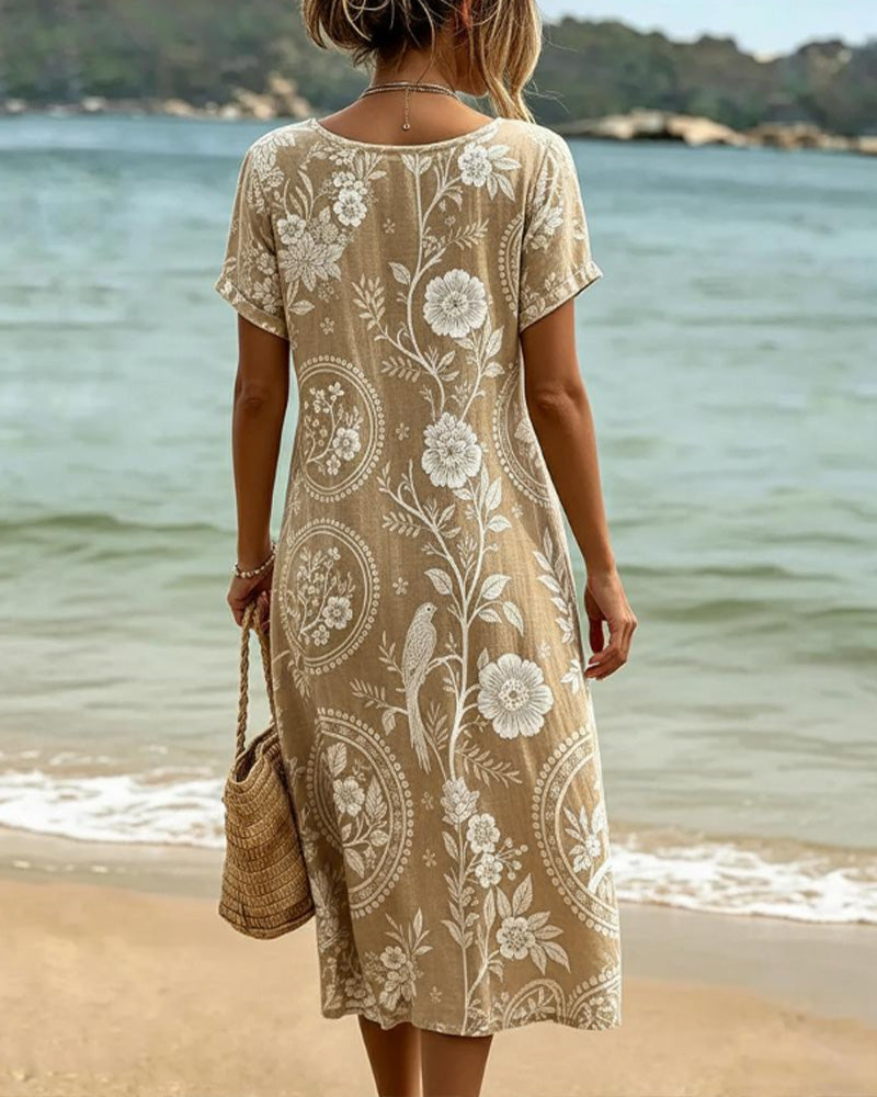 Crew Neck Floral Bird Print Dress
