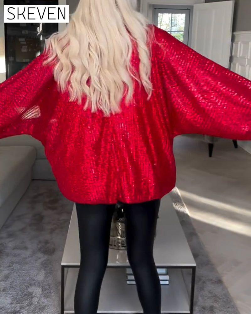 haut à sequins à manches bouffantes et col rond