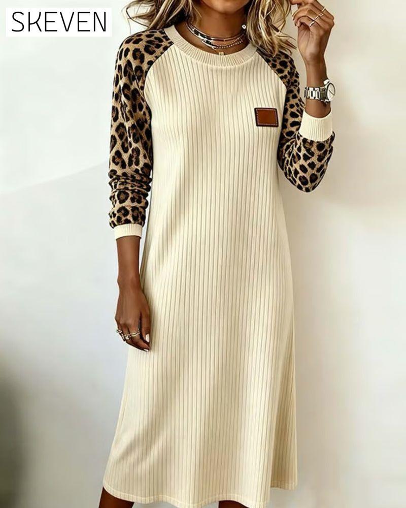 Casual Long-Sleeved Leopard Print Patchwork Dress