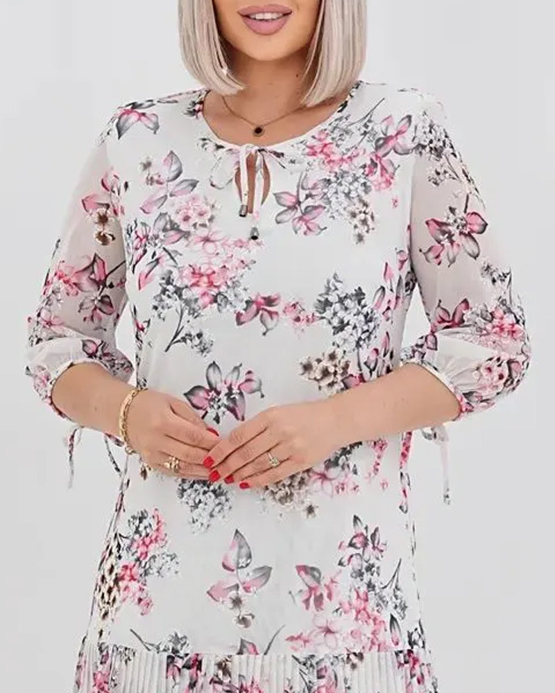Half-Sleeve Lace-Up Floral Dress