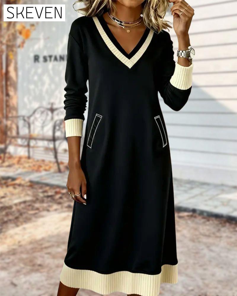 Long-Sleeved V-Neck Contrast Knit Dress
