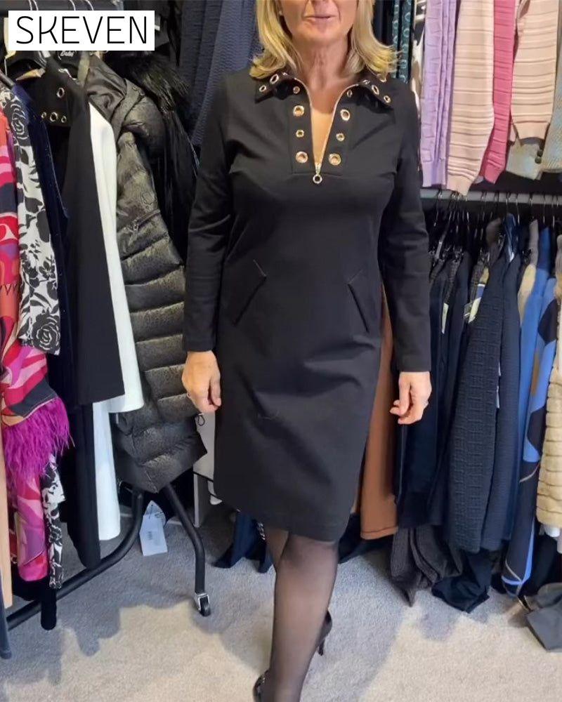 Kleid mit Reißverschluss am Revers und langen Ärmeln