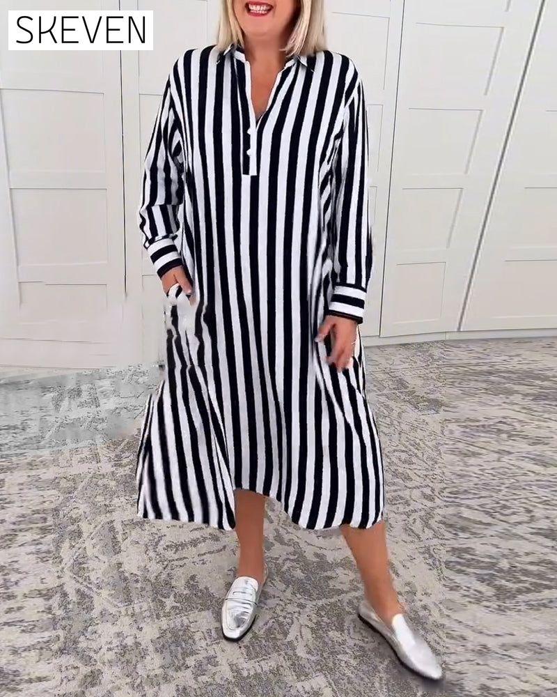 Kleid mit Revers, Streifen und Tasche