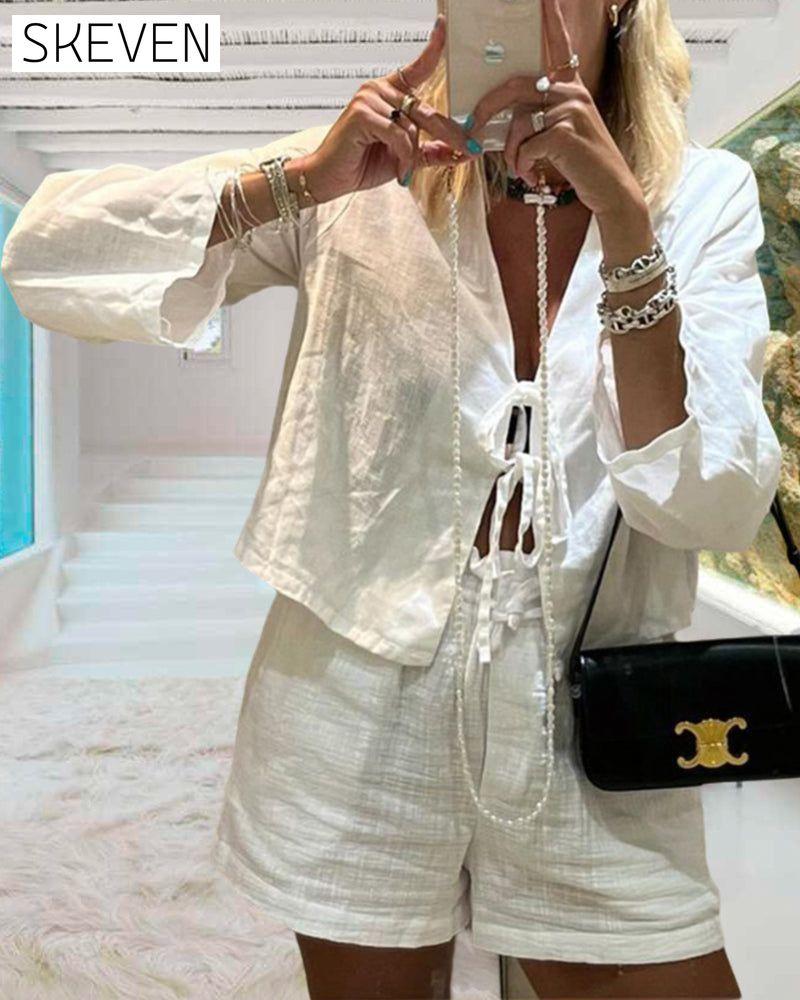 Solid color strappy top and shorts two-piece set summer two-piece sets