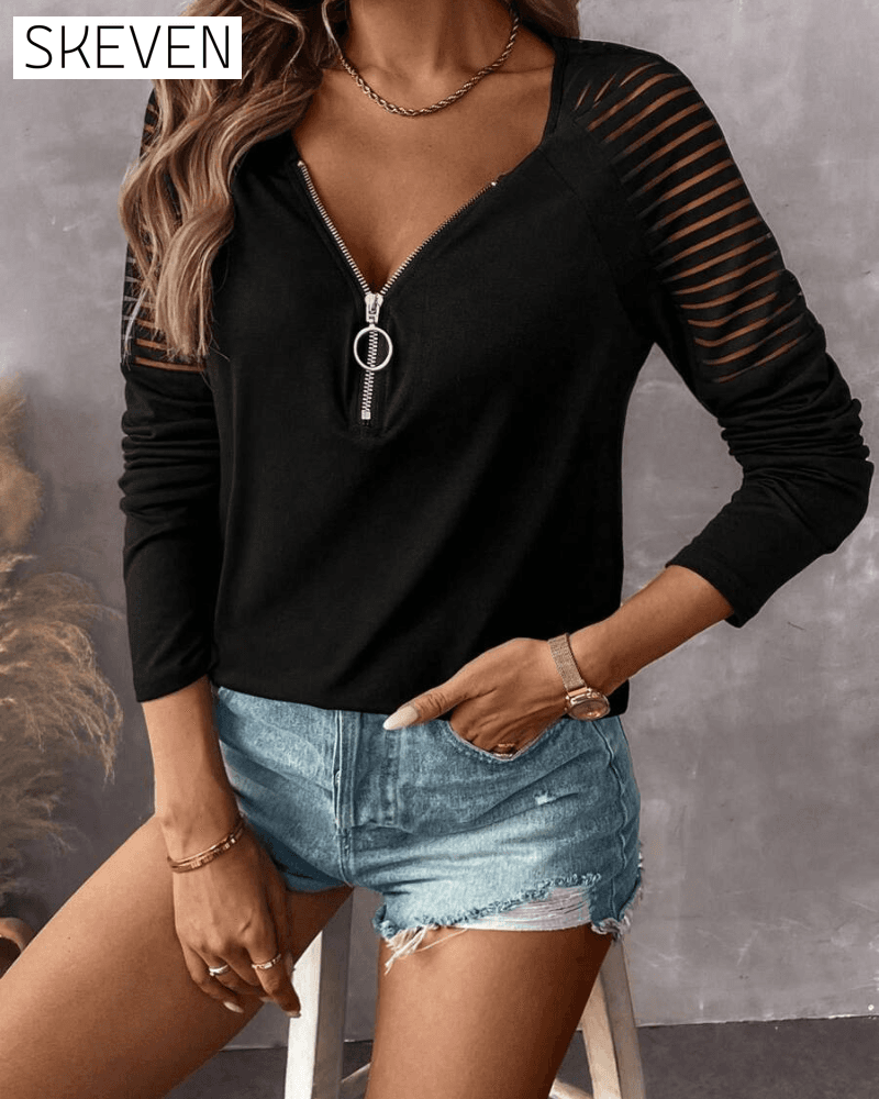 Langarmshirt mit Reißverschluss, einfarbig