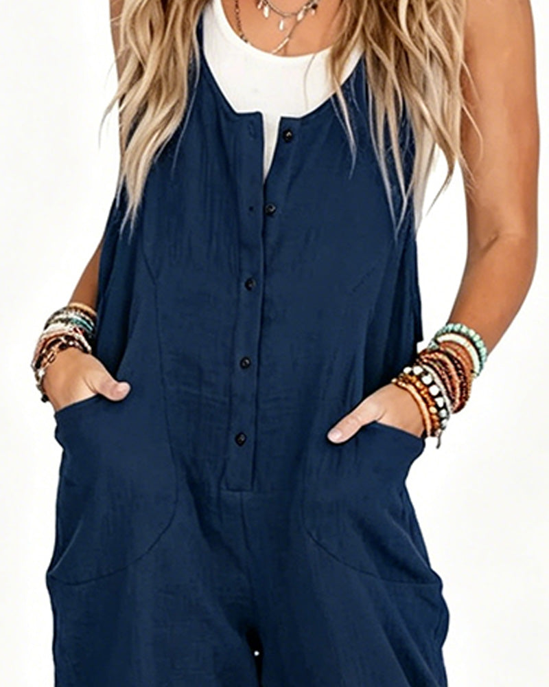 Button Decorative Pocket Casual Jumpsuits