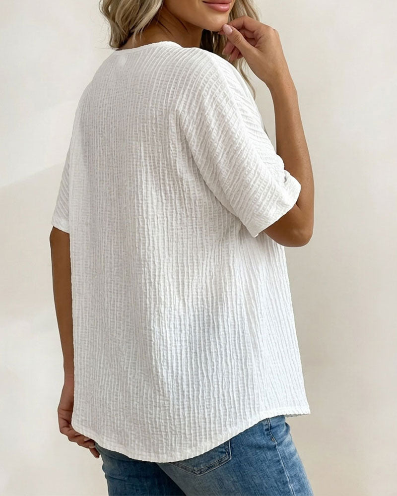 Textured Triple-Button Short Sleeve Blouse