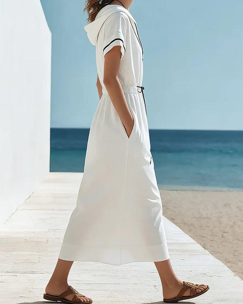 Color-Block Hooded Drawstring Waist Dress