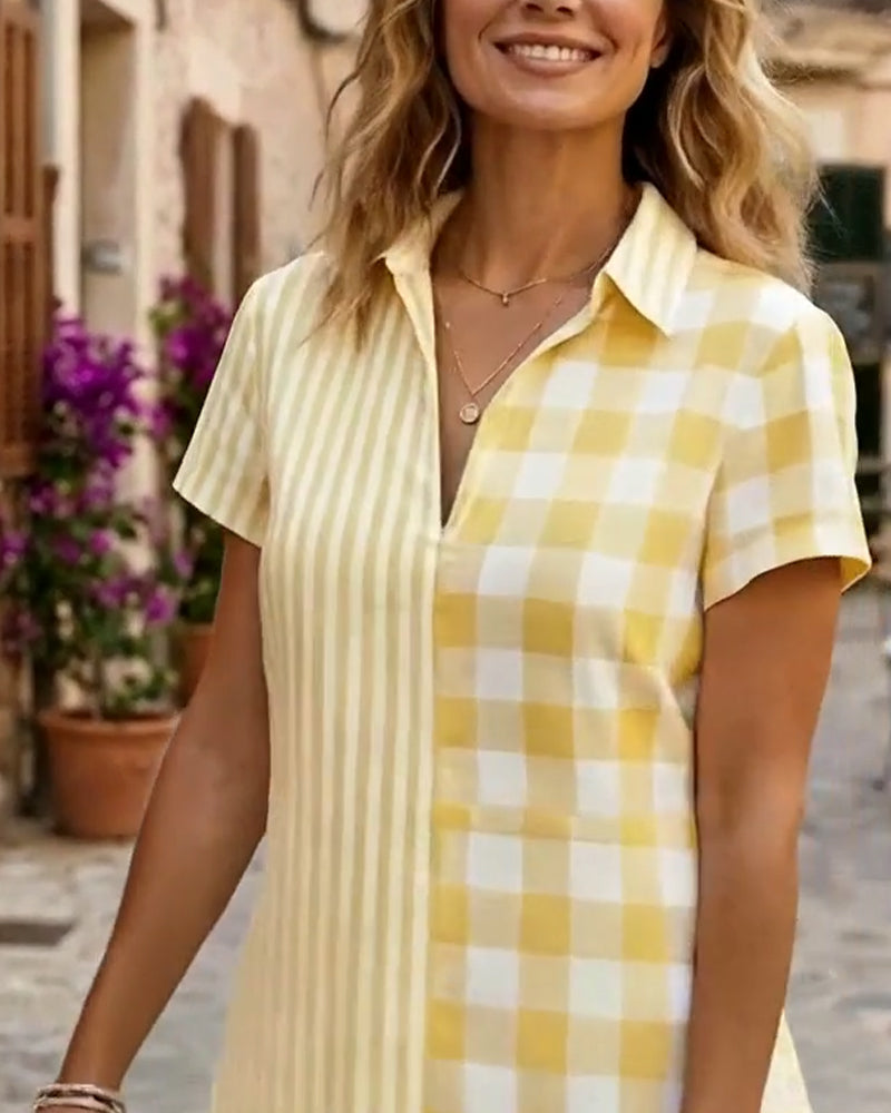 Plaid And Stripe Patchwork Shirt Dress