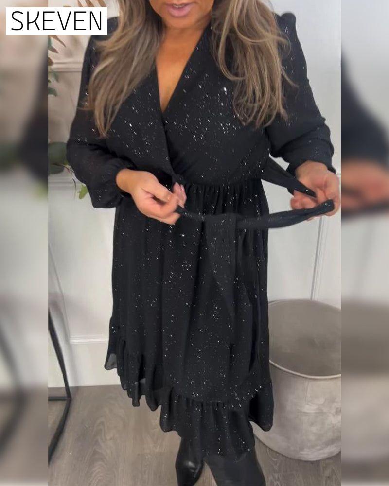 Robe scintillante à col en V et taille nouée