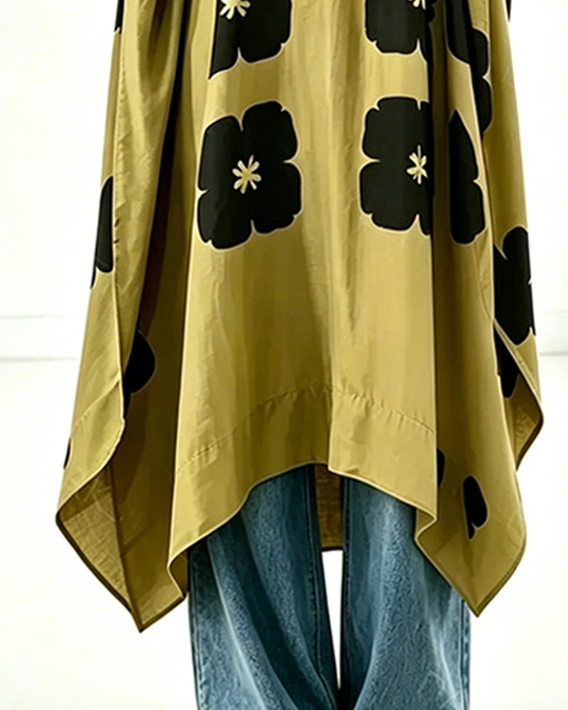 Print V-Neck Batwing Sleeve Loose Fit Dress