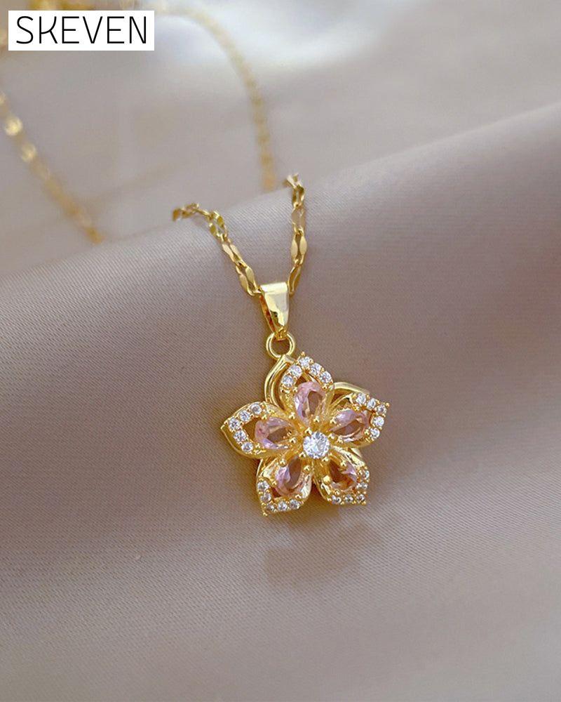 Five-petal flower 360° rotating pendant necklace