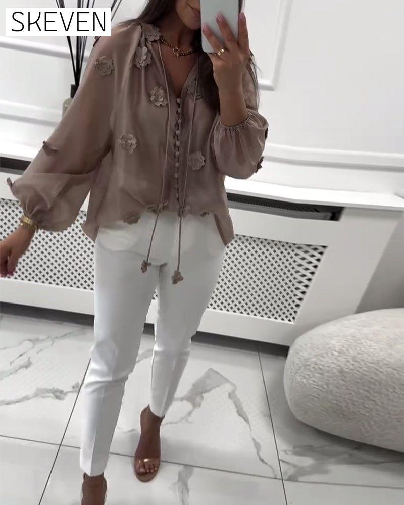 Solid Color 3D Floral Lace-Up Blouse