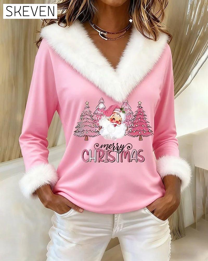 Large Fur Collar Printed Top