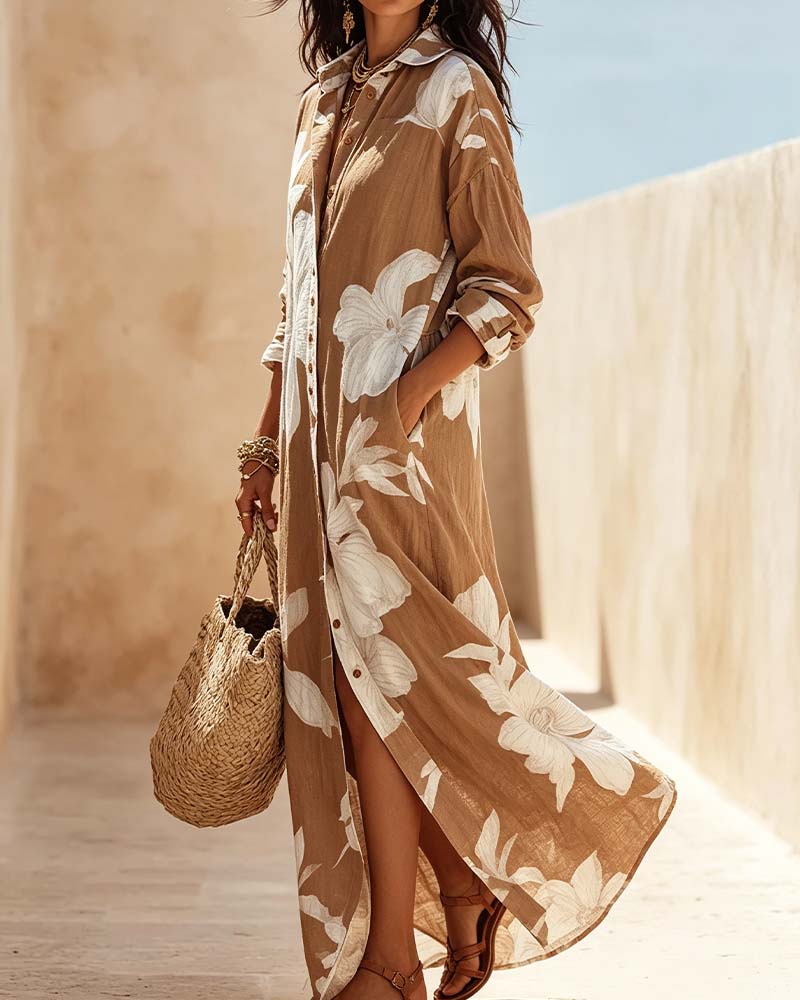 Floral Lapel Shirt Maxi Dress